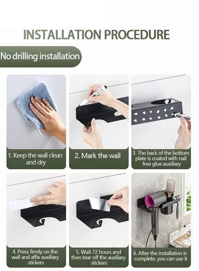 Non Drilling Hair Dryer Bracket Wall Mounted, Adhesive/Drilling Dual-Use, Hair Dryer Storage Rack. Bathroom Hair Dryer Rack, Hair Tool Organizer, Black - Image 4