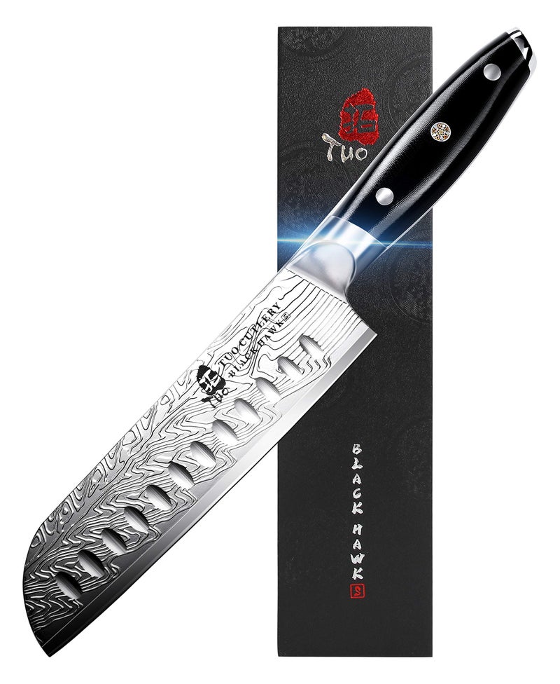 TUO Santoku Knife  Japanese Chef Knife 7inch High Carbon Stainless Steel  Kitchen Knives with G10 Full Tang Handle  Black HawkS Knives Including Gift Box