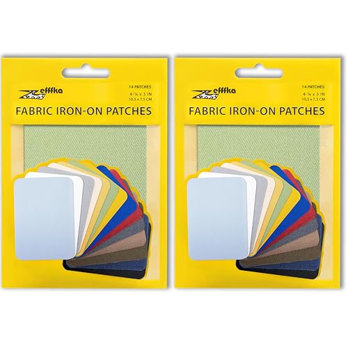 ZEFFFKA 2 Pack of Fabric Iron-on Patches Inside & Outside Strongest Glue 100% Cotton Blue Gray Beige Brown Yellow Red Green Repair Decorating Kit 14 Pieces Size 3" by 4-1/4" (7.5 cm x 10.5 cm) - Image 1