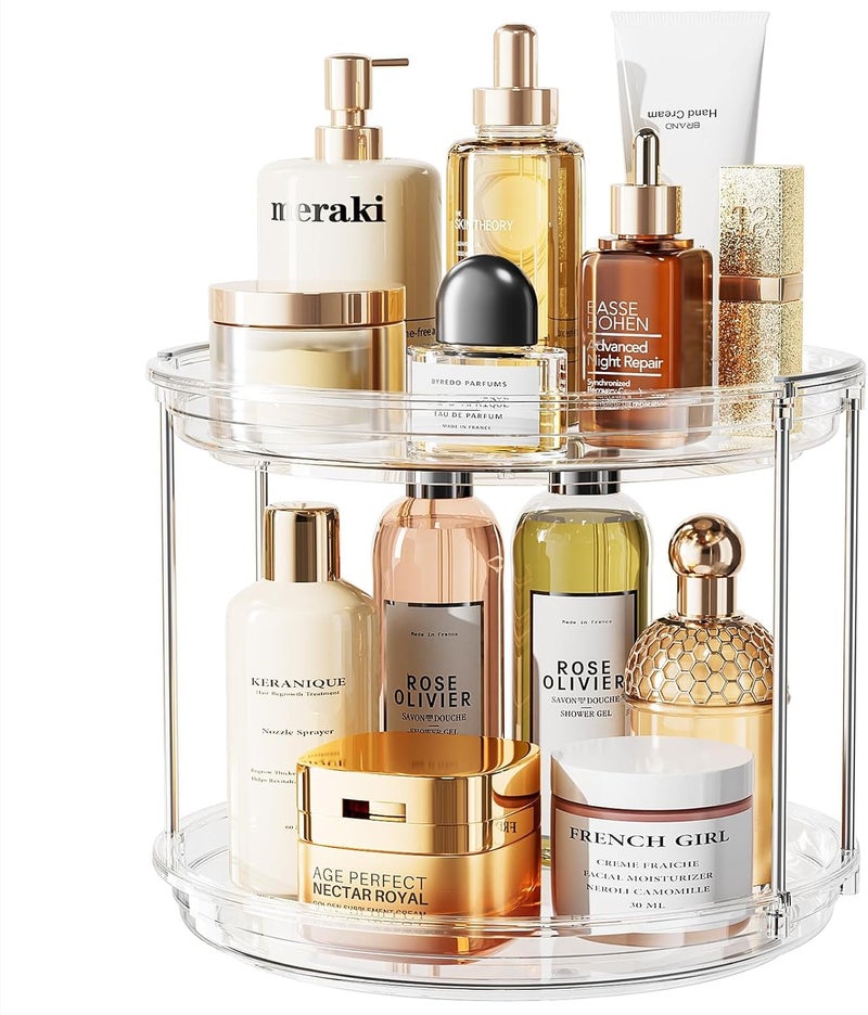LAMU Rotating Makeup Organizer for Vanity, 10.6in 2 Tier Lazy Susan Turntable Stackable Spinning Skincare Organizer Cosmetic Perfume Tray Display for Bathroom Counterop, Large Capacity, Clear - Image 1