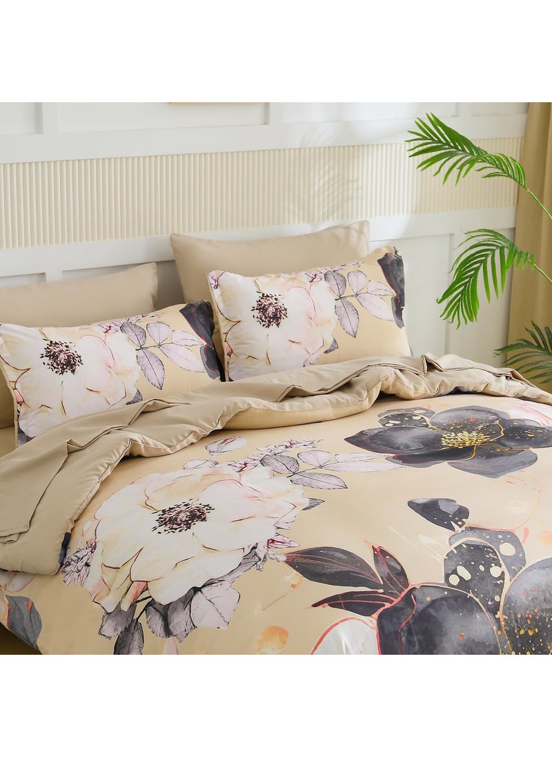 Yogeneg Yogeneg King Size Comforter Set 7 Piece Bed in a Bag White Black Floral Botanical Pattern Khaki Bedding Set Soft Microfiber Comforter with Sheet Set All Season Bed Set(Khaki King)  - Image 2
