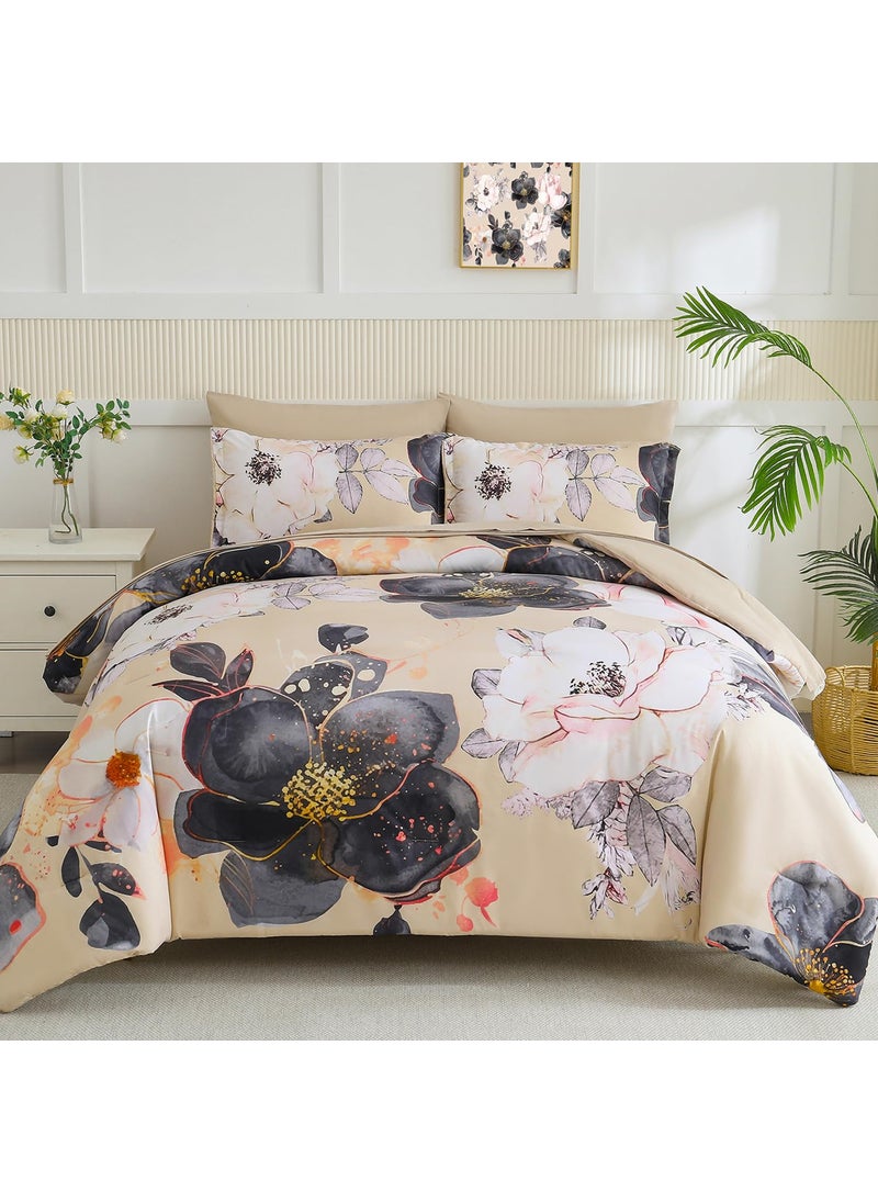Yogeneg Yogeneg King Size Comforter Set 7 Piece Bed in a Bag White Black Floral Botanical Pattern Khaki Bedding Set Soft Microfiber Comforter with Sheet Set All Season Bed Set(Khaki King)  - Image 1