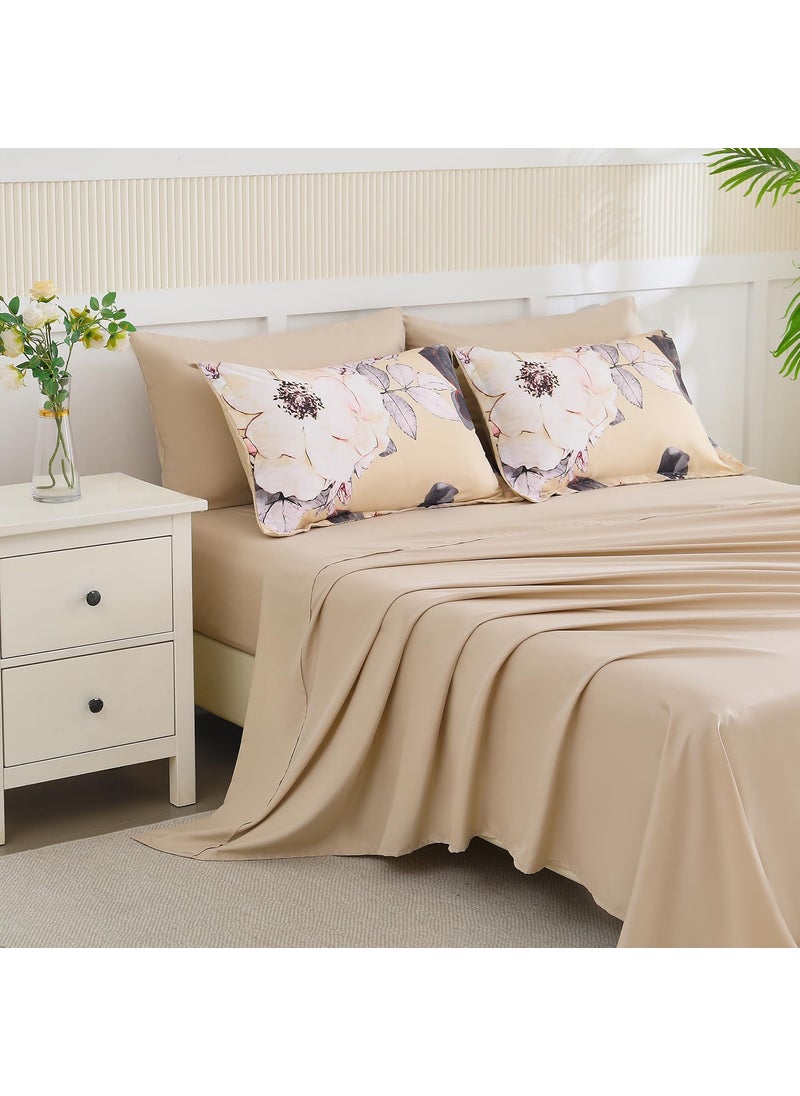 Yogeneg Yogeneg King Size Comforter Set 7 Piece Bed in a Bag White Black Floral Botanical Pattern Khaki Bedding Set Soft Microfiber Comforter with Sheet Set All Season Bed Set(Khaki King)  - Image 4