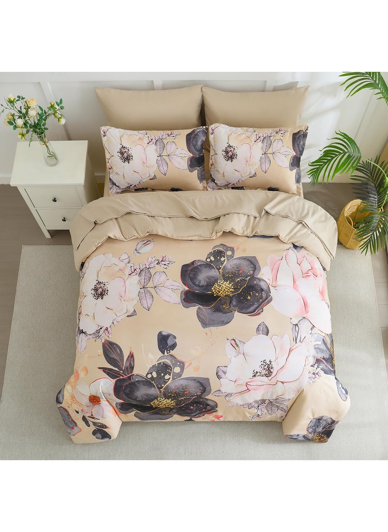 Yogeneg Yogeneg King Size Comforter Set 7 Piece Bed in a Bag White Black Floral Botanical Pattern Khaki Bedding Set Soft Microfiber Comforter with Sheet Set All Season Bed Set(Khaki King)  - Image 3