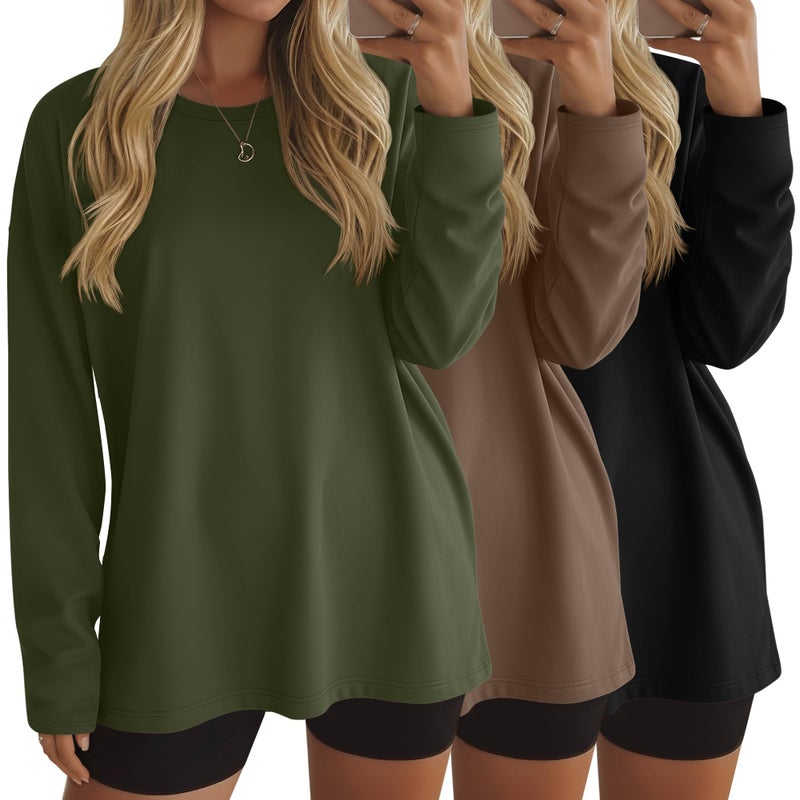Ficerd 3 Pack Women's Oversized Long Sleeve Shirts Cotton Gym Round Neck Tops Loose Fit Casual Workout Baggy Fall Basic Tee(Black, Brown, Army Green,X-Large) - Image 1