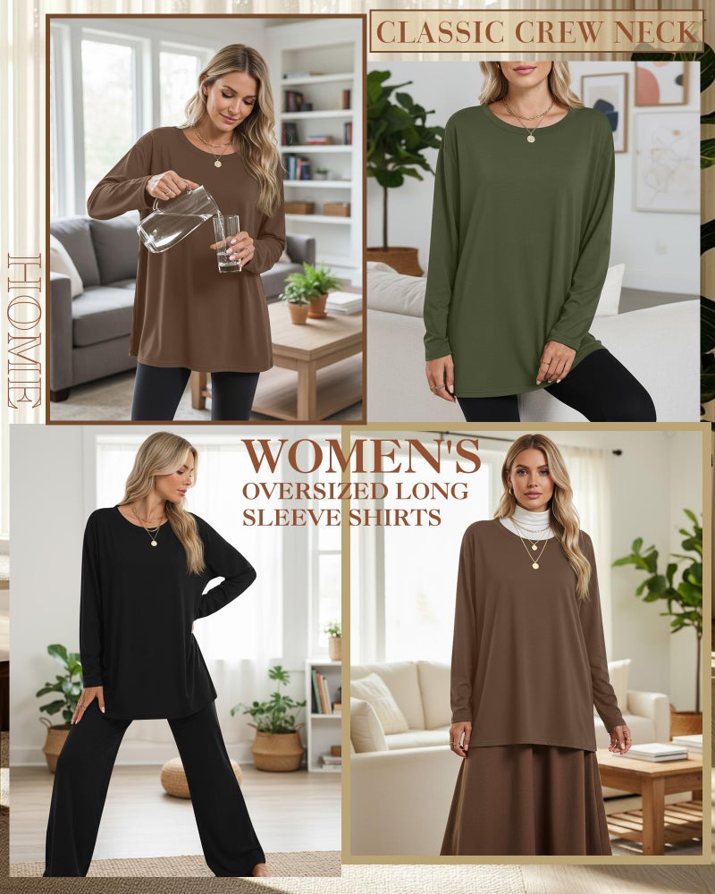 Ficerd 3 Pack Women's Oversized Long Sleeve Shirts Cotton Gym Round Neck Tops Loose Fit Casual Workout Baggy Fall Basic Tee(Black, Brown, Army Green,X-Large) - Image 2