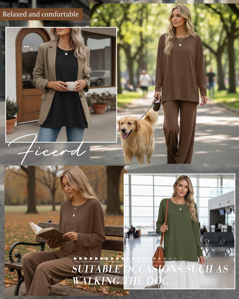 Ficerd 3 Pack Women's Oversized Long Sleeve Shirts Cotton Gym Round Neck Tops Loose Fit Casual Workout Baggy Fall Basic Tee(Black, Brown, Army Green,X-Large) - Image 3