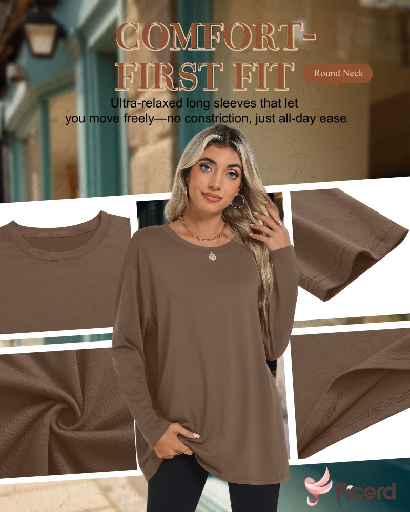 Ficerd 3 Pack Women's Oversized Long Sleeve Shirts Cotton Gym Round Neck Tops Loose Fit Casual Workout Baggy Fall Basic Tee(Black, Brown, Army Green,X-Large) - Image 5