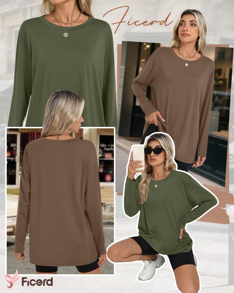 Ficerd 3 Pack Women's Oversized Long Sleeve Shirts Cotton Gym Round Neck Tops Loose Fit Casual Workout Baggy Fall Basic Tee(Black, Brown, Army Green,X-Large) - Image 4