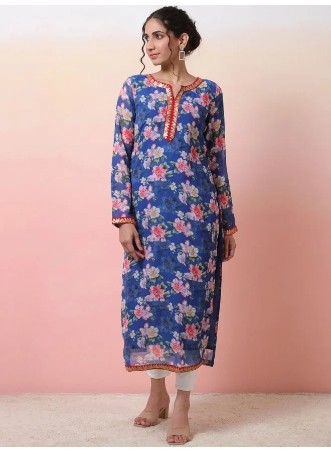 أيه كيه إس Blue Digital Print Straight Kurta with lace details