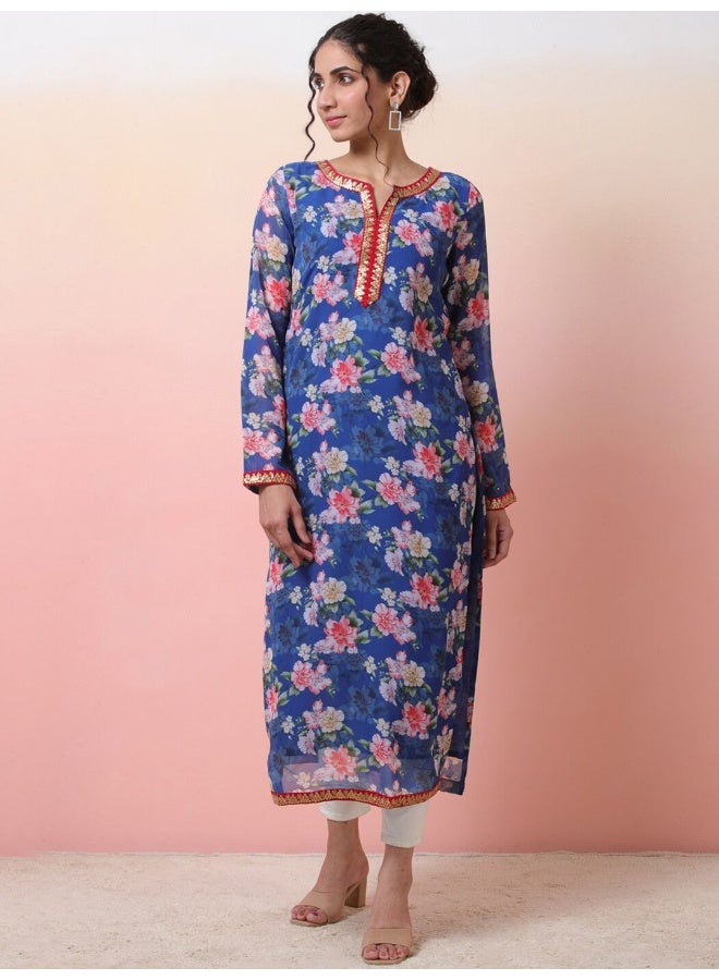 AKS Blue Digital Print Straight Kurta with lace details - Image 1