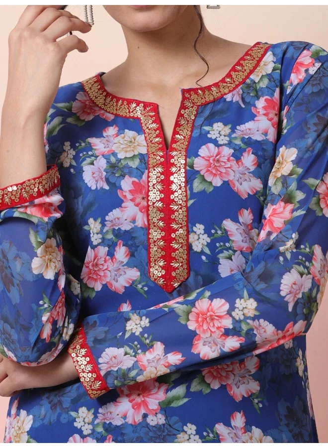أيه كيه إس Blue Digital Print Straight Kurta with lace details