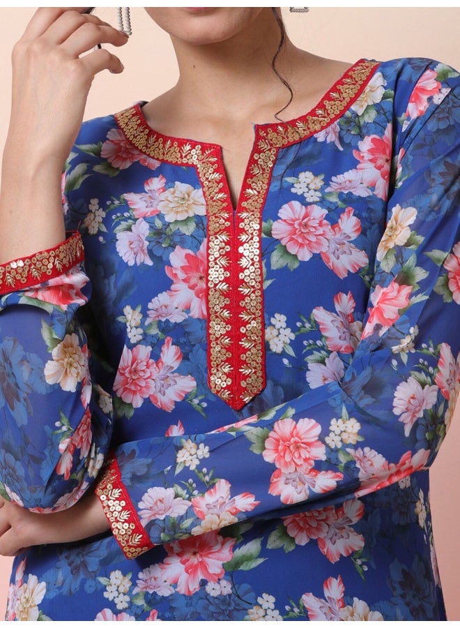 AKS Blue Digital Print Straight Kurta with lace details - Image 2