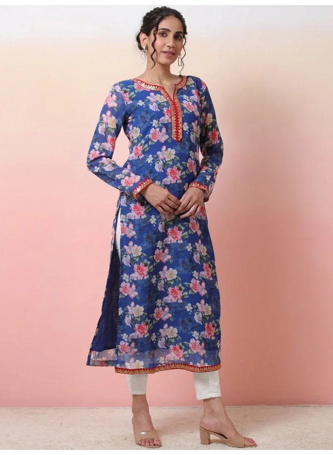 AKS Blue Digital Print Straight Kurta with lace details