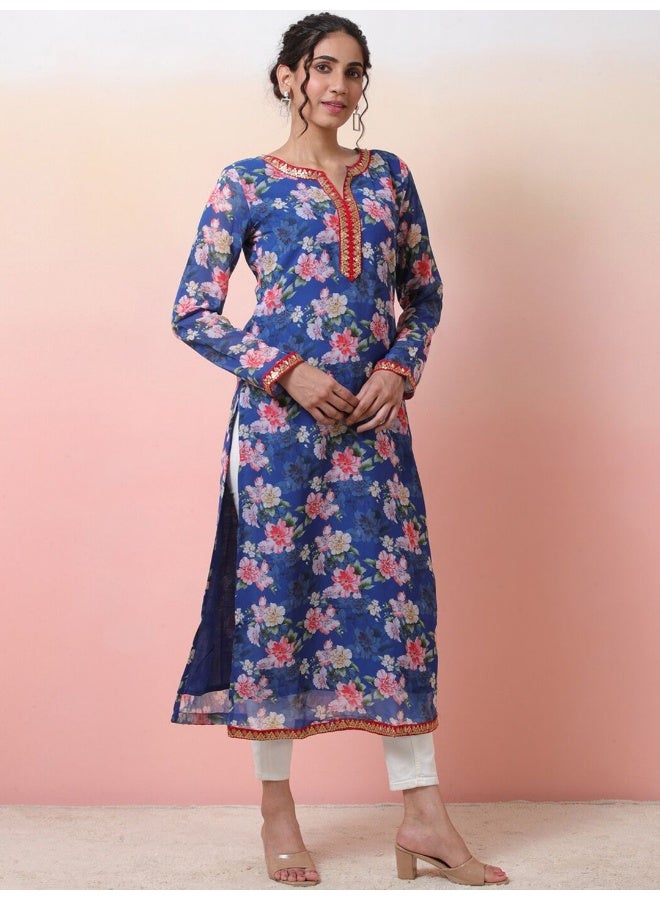 AKS Blue Digital Print Straight Kurta with lace details - Image 3