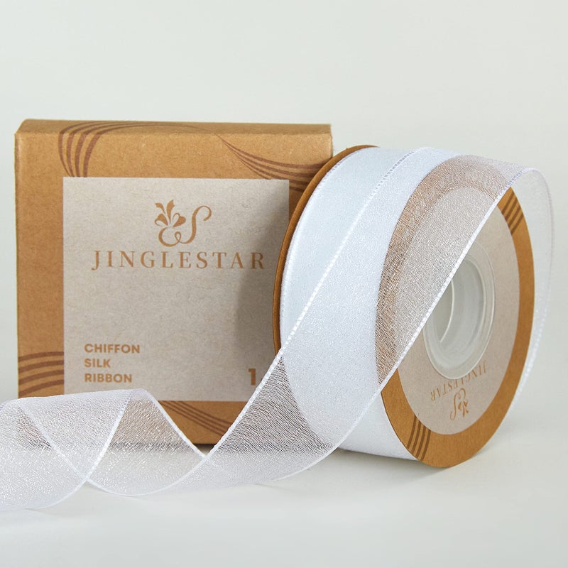 JINGLESTAR 1 Inch Wide Sheer Chiffon Ribbon  Pearl Silk Woven Ribbon Suitable for Gift Wrapping Wedding Decor Home Decor Girl Hair Accessories Handmade DIY 25 Yardsroll White
