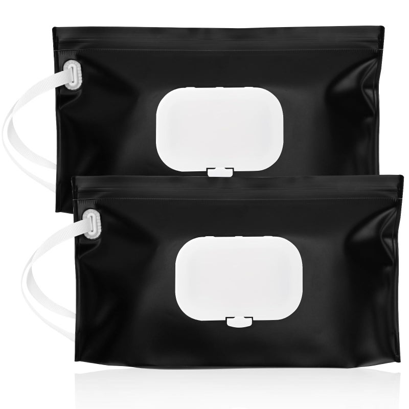 FEBSNOW 2 Pack Baby Wipes Dispenser Holder, Black Portable Refillable Baby Wet Wipes Pouch Container Reusable Travel Case - Image 1