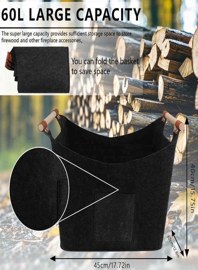 ZEMBSOYA Firewood Carrier with Wooded Handles,Felt Firewood Basket and Front Pocket Multipurpose Foldable Large Capacity Carrier Storage Bag （2pcs） - Image 2