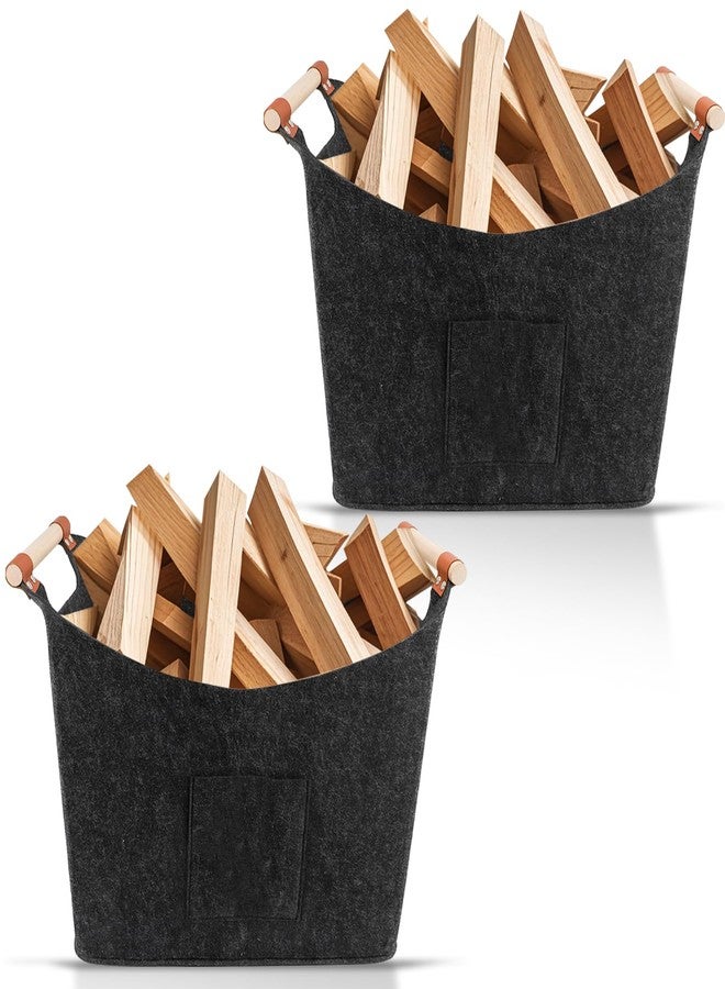ZEMBSOYA Firewood Carrier with Wooded Handles,Felt Firewood Basket and Front Pocket Multipurpose Foldable Large Capacity Carrier Storage Bag （2pcs） - Image 1