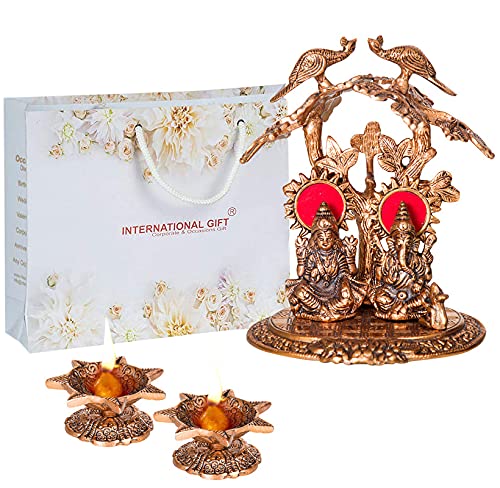INTERNATIONAL GIFT® Copper Plated Laxmi Ganesh Tree God Idol Statue Oxidized Finish with 2 Piece Jyot with Beautiful Velvet Box Packing and with Carry Bag (20H x 16W x 14L Centimeters) - Image 1