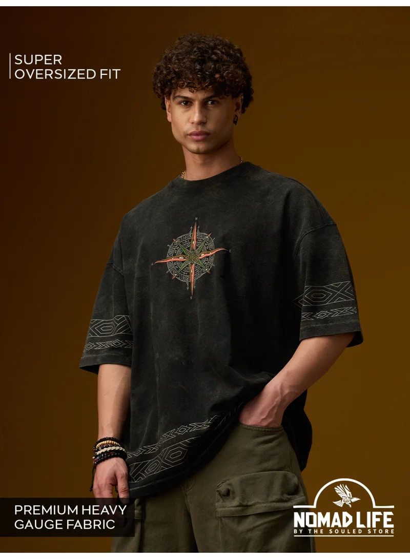 The Souled Store Men Nomad Embroidered Charcoal Grey Oversized T-Shirts