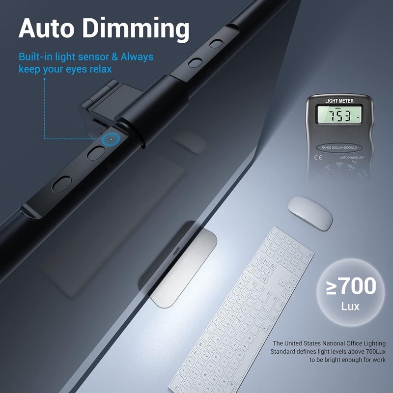 كونتيس مصباح شاشة الكمبيوتر، شريط إضاءة شاشة للعناية بالعين، مصباح LED للقراءة الإلكترونية مع خاصية التعتيم التلقائي، شريط إضاءة قابل للتعتيم، تحكم باللمس، مصابيح مكتبية منزلية موفرة للمساحة بدون وهج الشاشة - Image 5