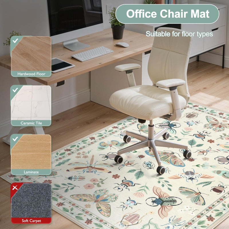 Anidaroel 48"x60" Office Chair Mat for Hardwood Floor/Tile Floor, Anti-Slip Floor Mat for Office Chairs, Low Pile Desk Rug for Offices, Beige Insect Print Office Chair Rug - Image 5