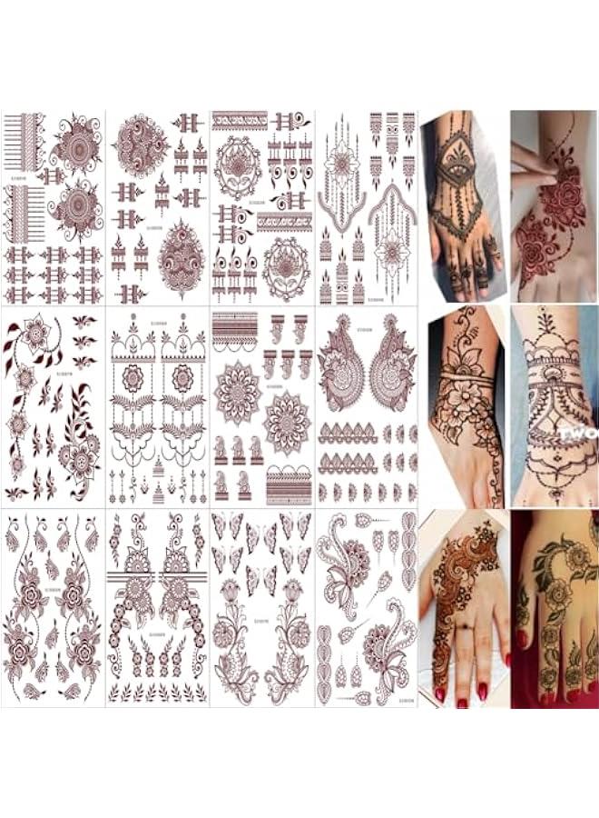 مجموعة وشم حناء مؤقتة تحتوي على 12 ورقة، مقاومة للماء، ملصقات بنية للفتيات والنساء في حفلات الزفاف (البني-2) - Image 1