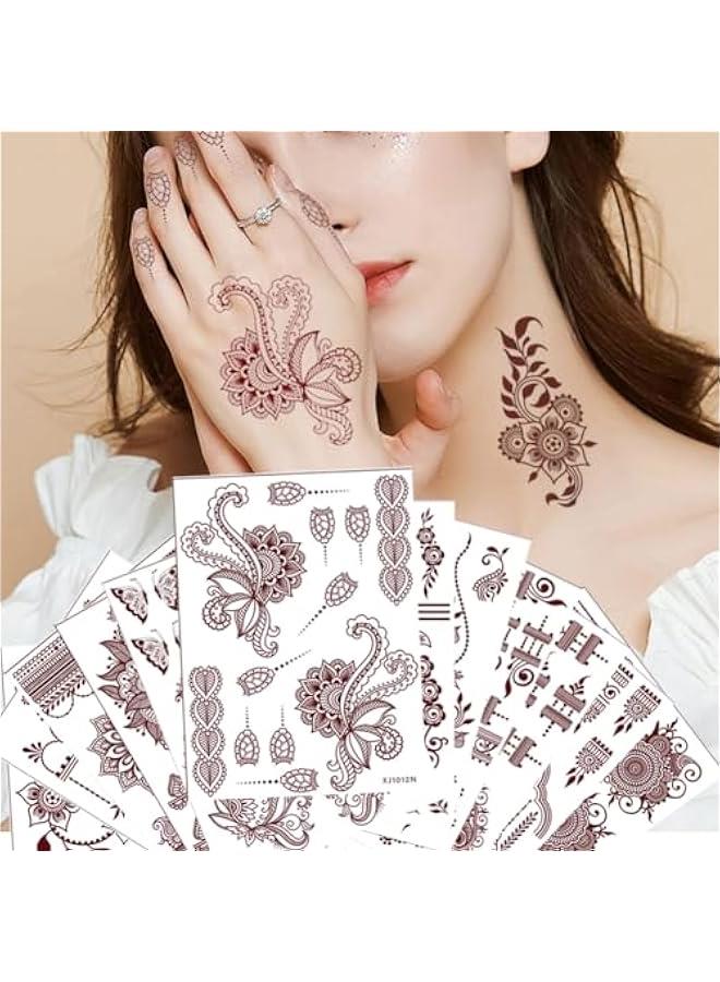 مجموعة وشم حناء مؤقتة تحتوي على 12 ورقة، مقاومة للماء، ملصقات بنية للفتيات والنساء في حفلات الزفاف (البني-2) - Image 5