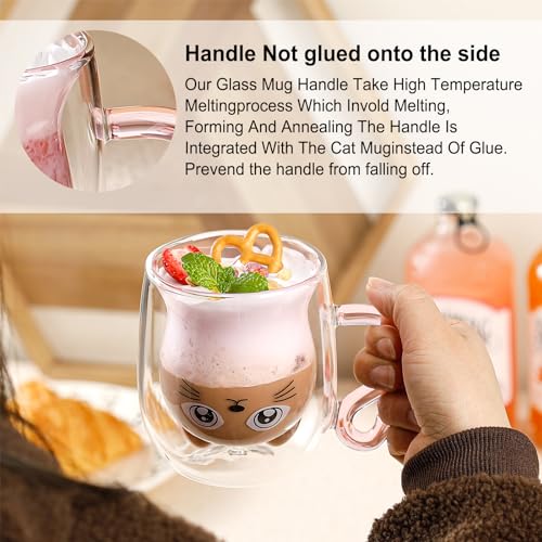 Binoster Cute Mugs Glasses Double Wall Insulated Glasses Espresso Cup, Coffee Cup, Tea Cup, Milk Cup, Best Gift for Office and Personal Birthday, Pink Cat - Image 3