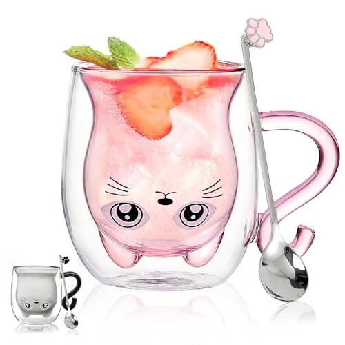 Binoster Cute Mugs Glasses Double Wall Insulated Glasses Espresso Cup, Coffee Cup, Tea Cup, Milk Cup, Best Gift for Office and Personal Birthday, Pink Cat - Image 1