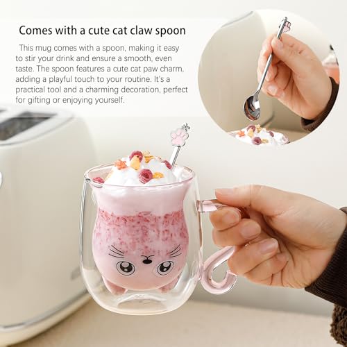 Binoster Cute Mugs Glasses Double Wall Insulated Glasses Espresso Cup, Coffee Cup, Tea Cup, Milk Cup, Best Gift for Office and Personal Birthday, Pink Cat - Image 2