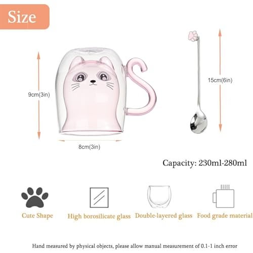 Binoster Cute Mugs Glasses Double Wall Insulated Glasses Espresso Cup, Coffee Cup, Tea Cup, Milk Cup, Best Gift for Office and Personal Birthday, Pink Cat - Image 5