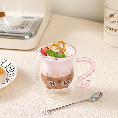 Binoster Cute Mugs Glasses Double Wall Insulated Glasses Espresso Cup, Coffee Cup, Tea Cup, Milk Cup, Best Gift for Office and Personal Birthday, Pink Cat - Image 4