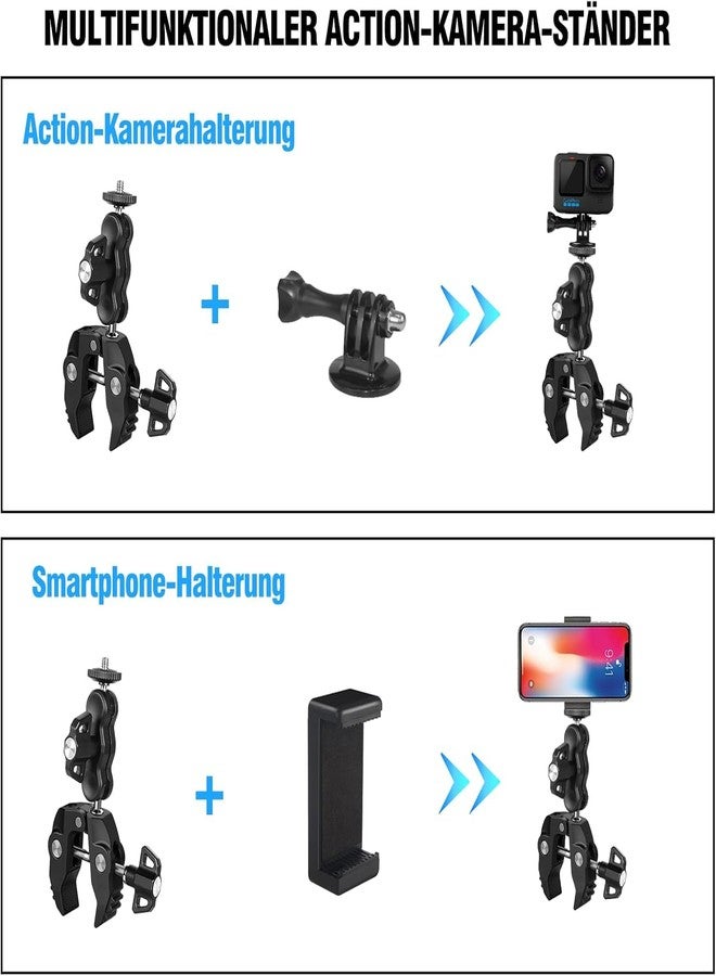 SHOPEE Action Camera Mount, Motorcycle Bicycle Mount, Mobile Phone Holder, Camera Mount Clamp with 360° Ball Head Arm with 3/8 Inch Thread Holes, Super Clamp with Magic Arm for Go Pro Insta360 One X2 - Image 3