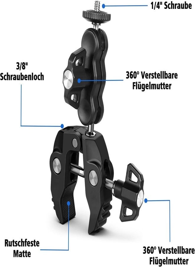SHOPEE Action Camera Mount, Motorcycle Bicycle Mount, Mobile Phone Holder, Camera Mount Clamp with 360° Ball Head Arm with 3/8 Inch Thread Holes, Super Clamp with Magic Arm for Go Pro Insta360 One X2 - Image 2