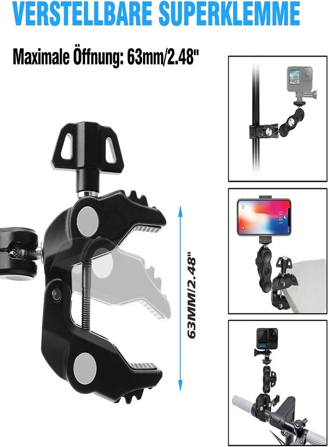 SHOPEE Action Camera Mount, Motorcycle Bicycle Mount, Mobile Phone Holder, Camera Mount Clamp with 360° Ball Head Arm with 3/8 Inch Thread Holes, Super Clamp with Magic Arm for Go Pro Insta360 One X2 - Image 4