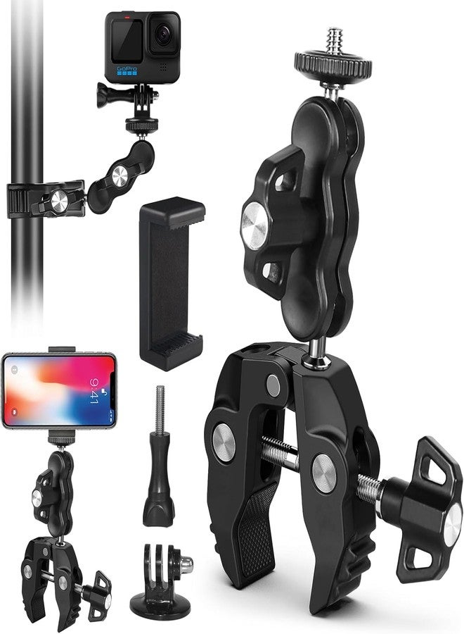 SHOPEE Action Camera Mount, Motorcycle Bicycle Mount, Mobile Phone Holder, Camera Mount Clamp with 360° Ball Head Arm with 3/8 Inch Thread Holes, Super Clamp with Magic Arm for Go Pro Insta360 One X2 - Image 1