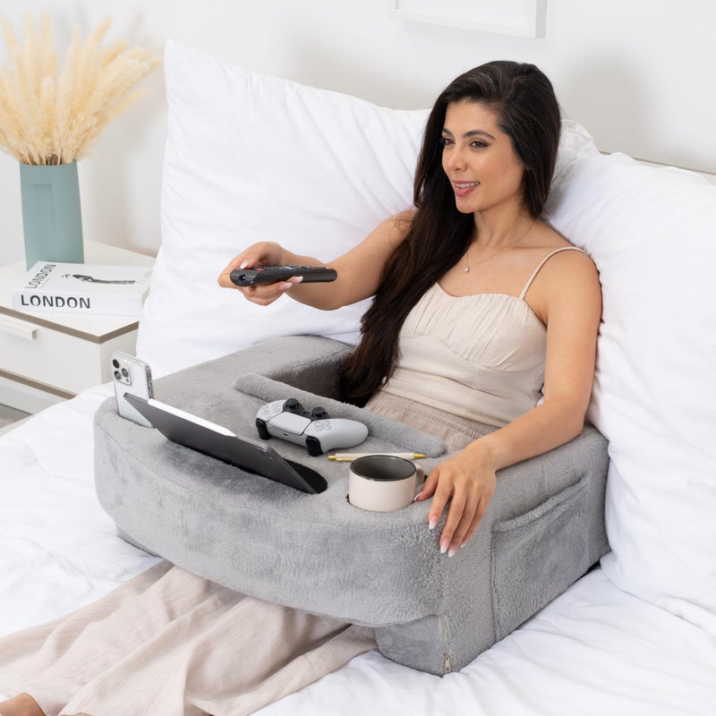 Reading Pillow for Gaming  Extra Large Lap Desk  Arm Rest with Cup  Phone Holder Adjustable Heights Laptop Support Large Pockets  Comfortable for Work Gaming  Crocheting Furry Grey