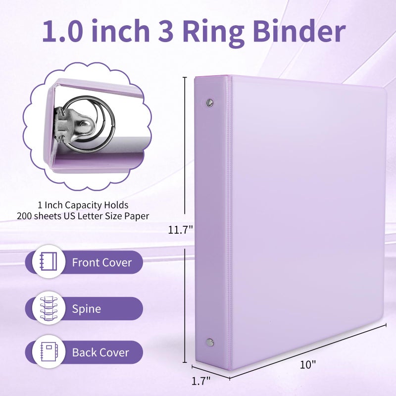 SUQJOY 1" 3-Ring Binder, 1-inch Pastel Color Binders with 2 Inside Pockets, Clear View Cover Binder Holds 8.5'' x 11''Paper, Round Ring Binders for Office/Home/School, 6 Pack (Assorted 6 Colors) - Image 2