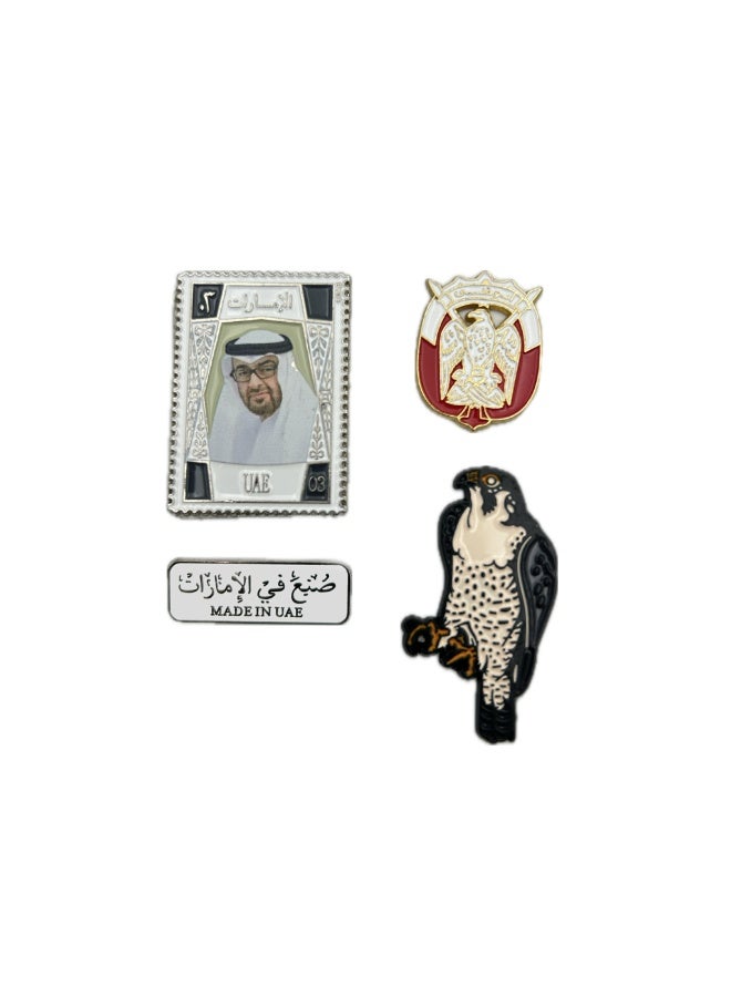 4 pieces of Metal stickers - Sheikh Mohammed bin Zayed logo Abu Dhabi logo and Made in UAE logo and Falcon logo - Premium Quality Metal for Mobile, Laptop, Backpacks and more. - Image 1