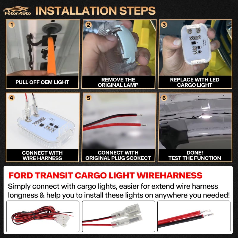 FetonAuto 4PCS Transit Interior Carbin Courtesy Load Space Area Roof Top Cargo Van LED Lights with Wire Harness Accessories for 2014-2024 Ford Transit 150 250 350 HD Connect, White 6000K - Image 4