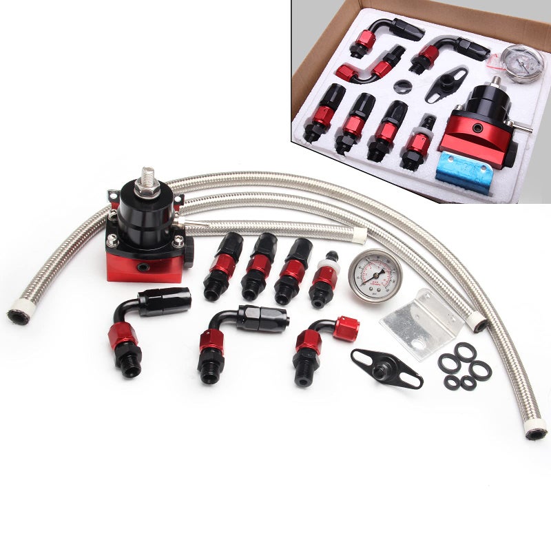 WENJTP EFI Fuel Pressure Regulator Kit with 0100psi Pressure Gauge AN66AN Aluminum Adjustable Universal Fuel Line Hose Fitting Connectors Kit BlackRed HTRACING