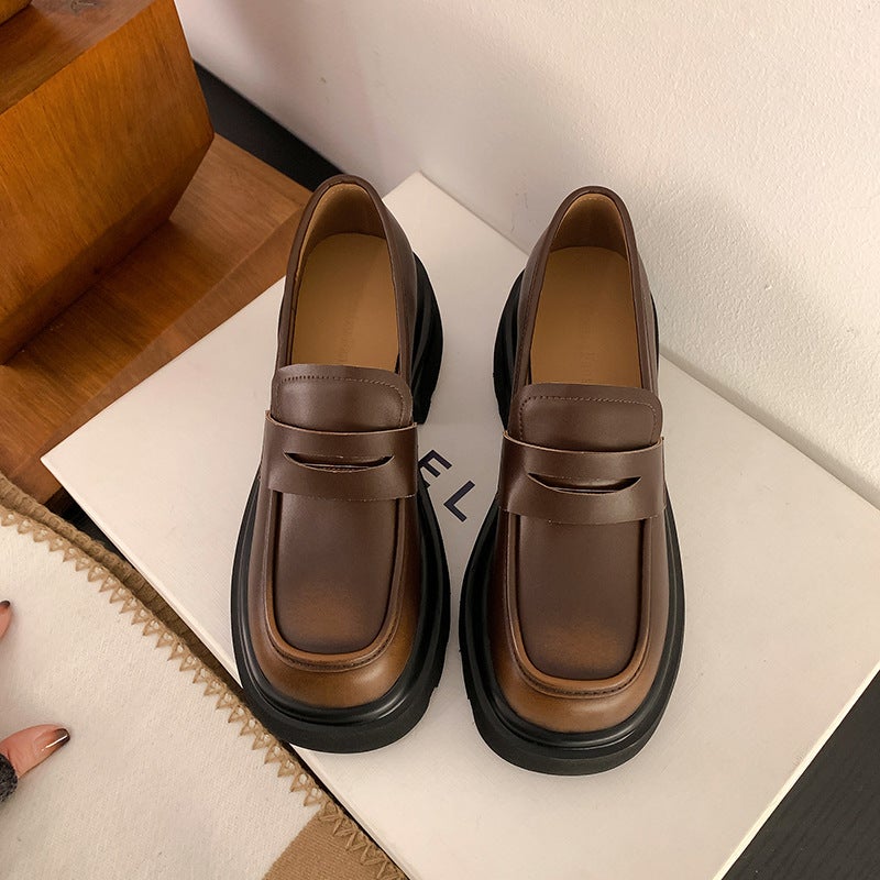 Genuine Leather Loafers For Women 2024 Spring Thick-Soled High-Heeled Slip-On Shoes Versatile British Style Retro Small Leather Shoes Slip-On - Image 4
