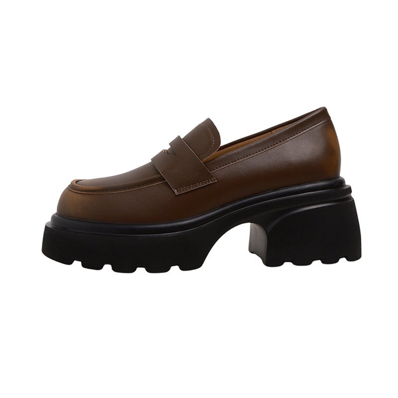Genuine Leather Loafers For Women 2024 Spring Thick-Soled High-Heeled Slip-On Shoes Versatile British Style Retro Small Leather Shoes Slip-On - Image 1
