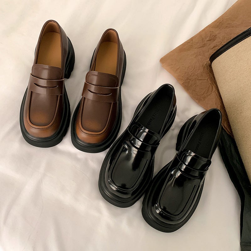 Genuine Leather Loafers For Women 2024 Spring Thick-Soled High-Heeled Slip-On Shoes Versatile British Style Retro Small Leather Shoes Slip-On - Image 2