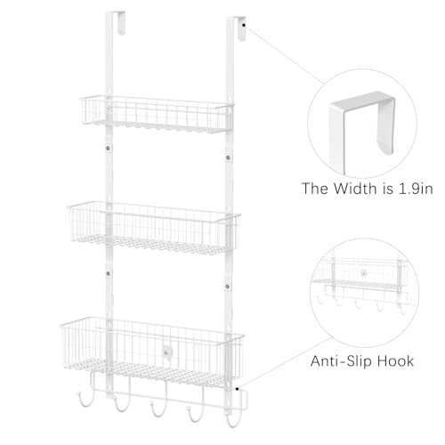 CADUKE Over The Door Organizer Hanger with Basket Hanger Door Towel Rack with 5 Hooks Back of Door Storage Organizer Behind Door Hooks Hanger Shelf for Bathroom, Kitchen, Office, White - Image 3