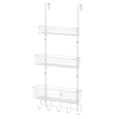 CADUKE Over The Door Organizer Hanger with Basket Hanger Door Towel Rack with 5 Hooks Back of Door Storage Organizer Behind Door Hooks Hanger Shelf for Bathroom, Kitchen, Office, White - Image 1