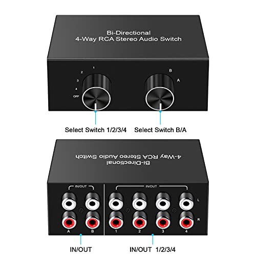 Dingsun 4-Way Stereo Audio Switcher, Bi-Directional Audio Selector Box for Blu-ray Players or DVD Players Active Speakers (2In-4Out/4In-2Out) - Image 2