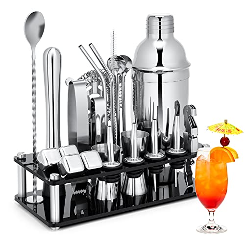 KINGROW Cocktail Shaker Set, 23-Piece Stainless Steel Bartender Kit with Acrylic Stand & Cocktail Recipes Booklet, Professional Bar Tools for Drink Mixing, Home, Bar, Party (Include 4 Whiskey Stones) - Image 1